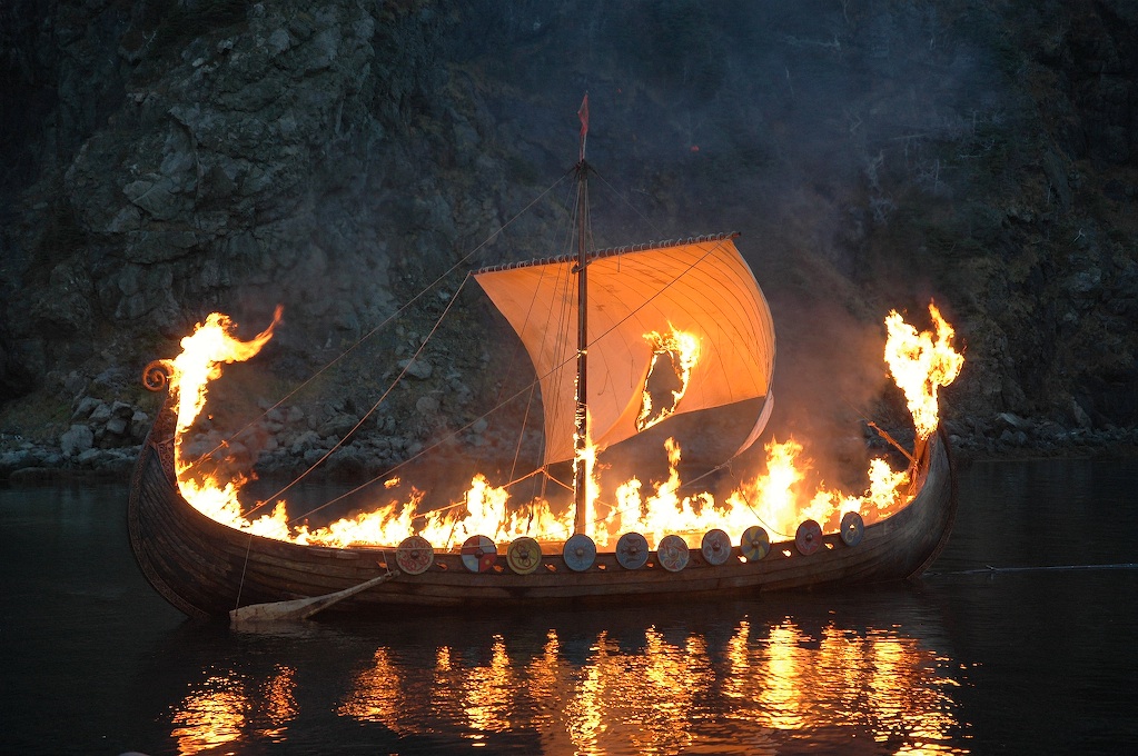  Flames engulf a Viking ship during a traditional Norwegian funeral.