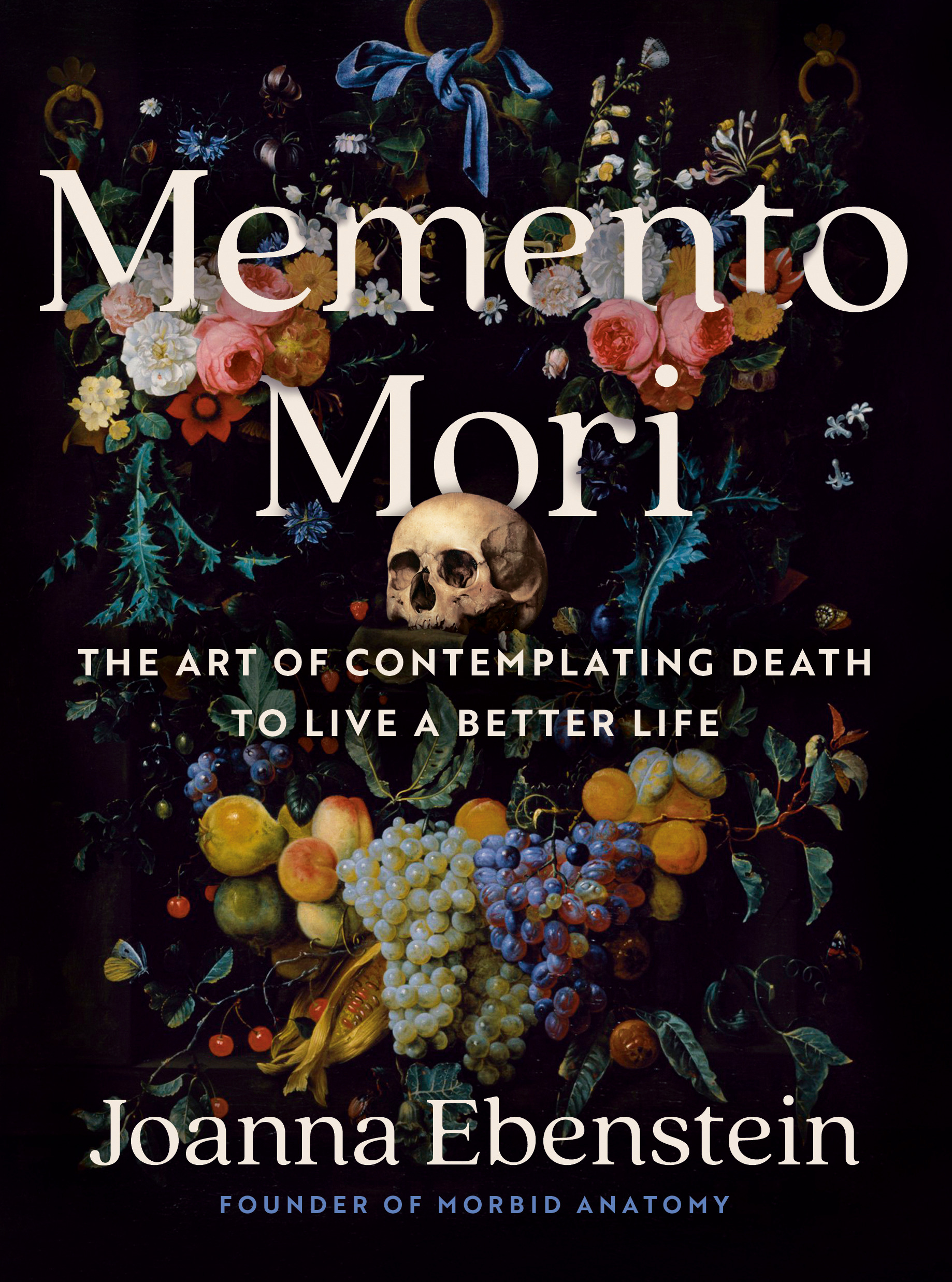 Cover of Joanna Ebenstein's book Memento Mori, featuring vanities artwork of a background of dark florals with a small skull hidden among them