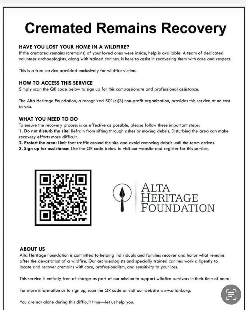 Flyer for cremated remains recovery