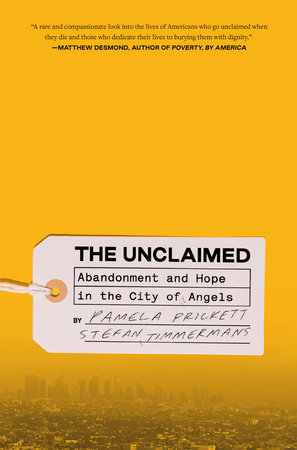 Cover of the Unclaimed book, yellow with a toe tag, behind it is a skyline of Los Angeles